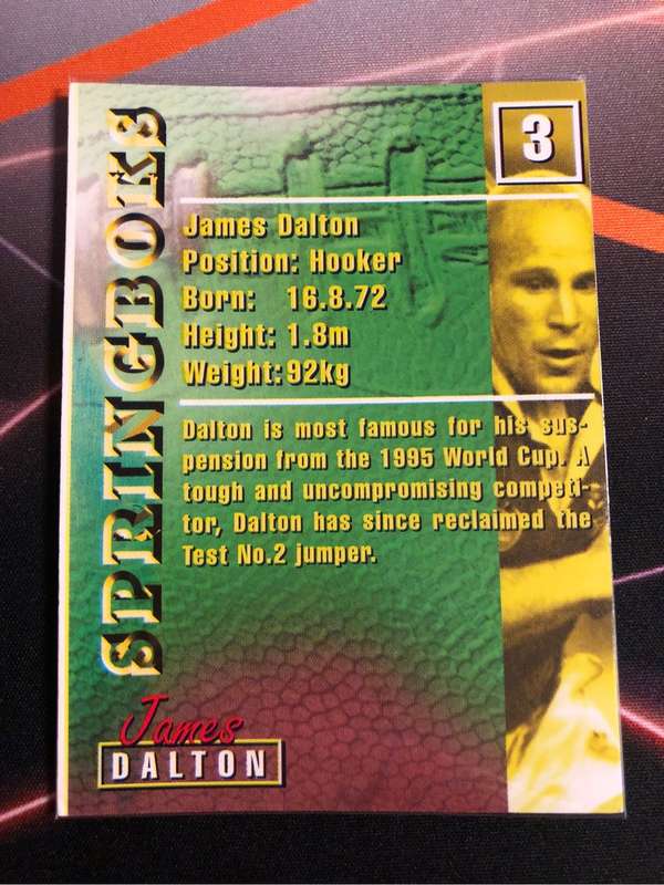 James Dalton RARE Springbok 1997 Rugby trading card