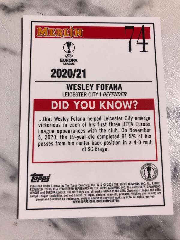 Wesley Fofana ROOKIE Topps Merlin 2021 Soccer trading card