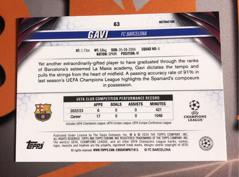 Gavi Topps REFRACTOR Chrome 2024 Soccer trading card