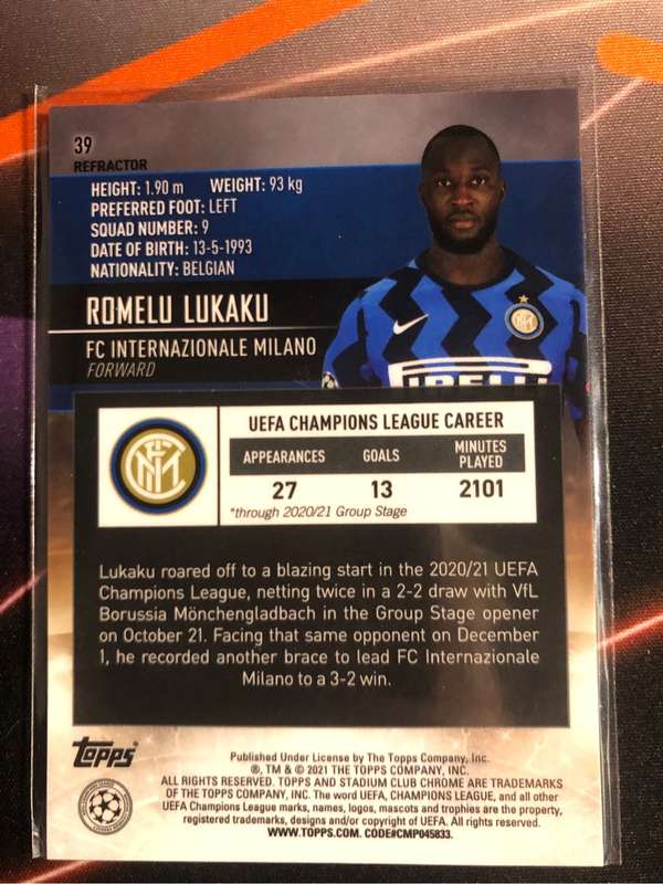 Romelu Lukaku Topps Stadium Club 2021 soccer trading card