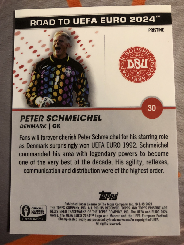 Peter Schmeichel NUMBERED out of 75 BLUE Euros Topps 2024 Soccer trading card