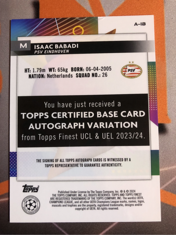 Isaac Babadi ROOKIE Refractor Autograph  Topps 2024 Soccer trading card 