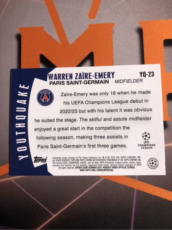 Warren Zaire Emery YOUTHQUAKE Topps Chrome 2024 soccer trading card