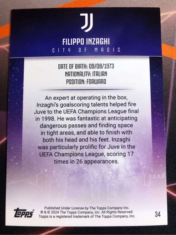 Filippo Inzaghi NUMBERED out of 50 City Of Magic  Topps Soccer trading card
