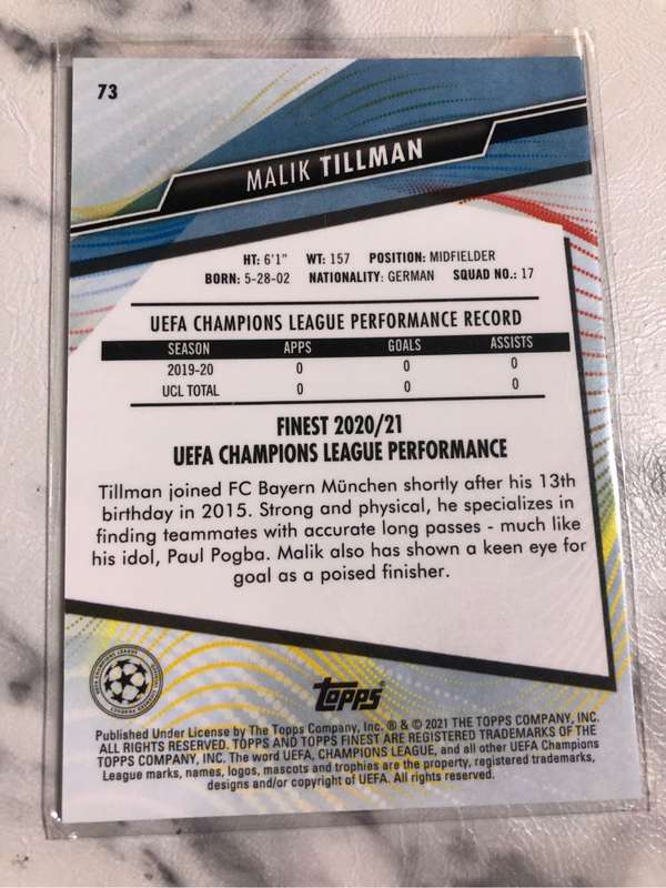 Malik Tillman ROOKIE Topps Finest 2021 Soccer trading card