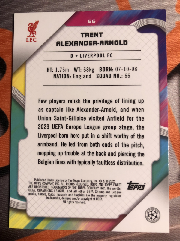 Trent Alexander Arnold NUMBERED out of 299 Liverpool NEW Topps Finest 2025 soccer trading card