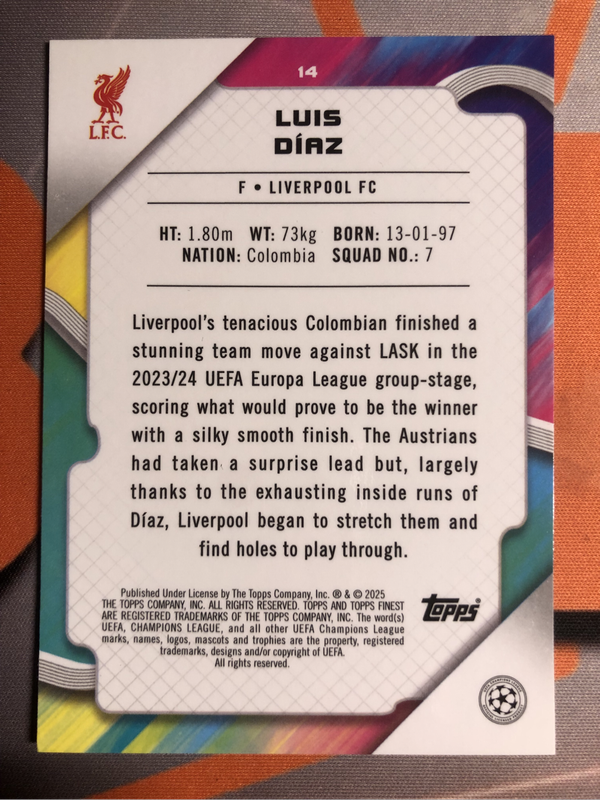 Luis Diaz NUMBERED out of 199 NEW Topps Finest 2025 soccer trading card