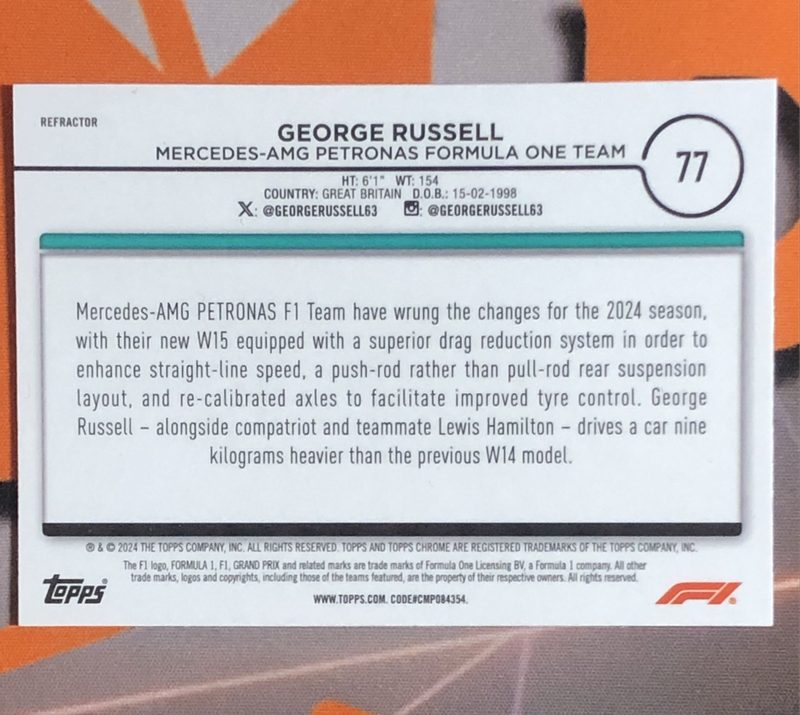 George Russel REFRACTOR Formula One 2024 F1 Trading card