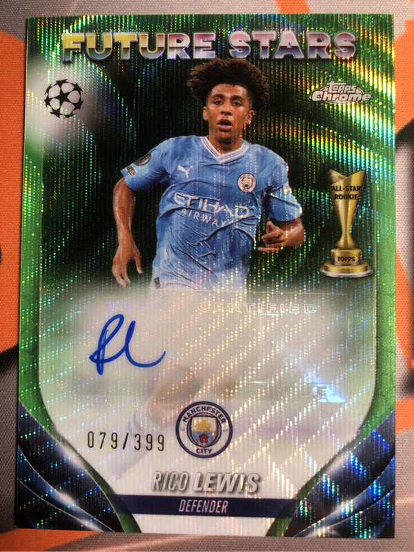 Rico Lewis NUMBERED out of 399 Topps Chrome Autograph 2024 soccer trading card