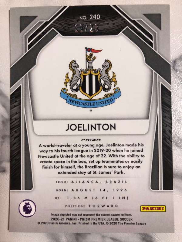 Joelinton NUMBERED out of 23 RARE Cracked Ice 2020 Prizm Soccer trading card