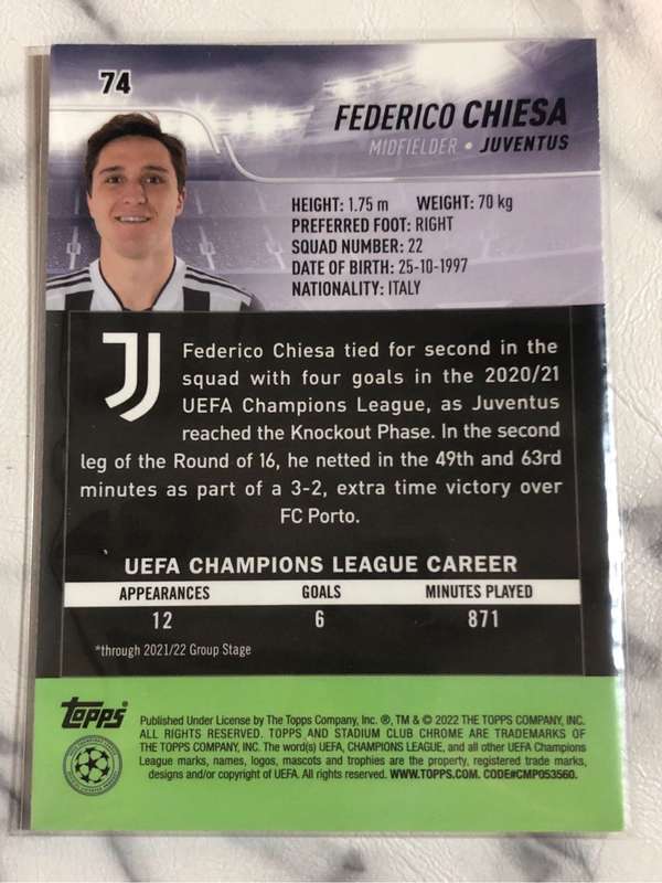 Frederico Chiesa Topps Stadium Club Chrome 2022 Soccer trading card