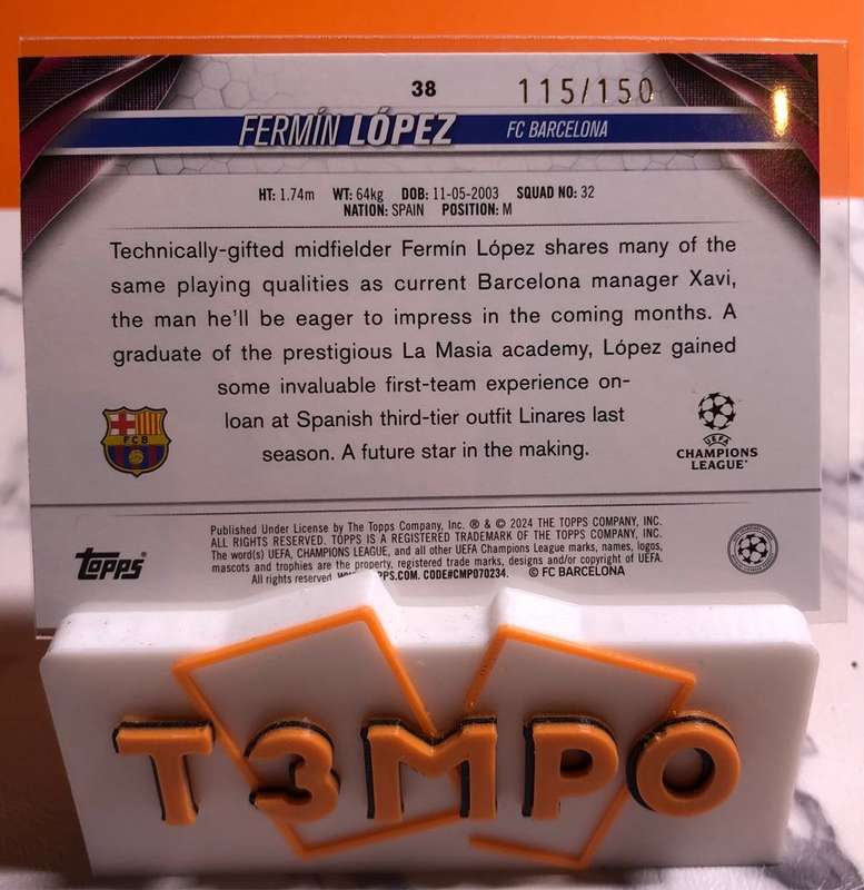 Fermin Lopez ROOKIE white Ice NUMBERED /150 Topps 2024 soccer trading card