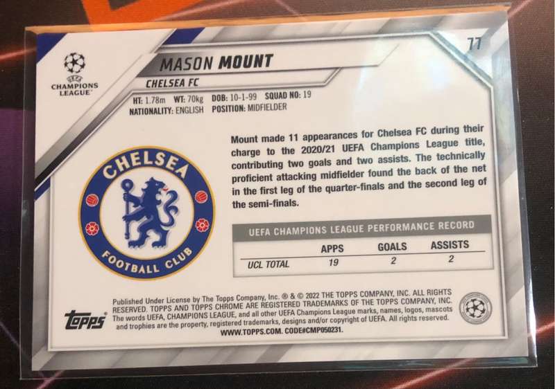 Mason Mount SPECKLE Topps Chrome 2022 Soccer trading card