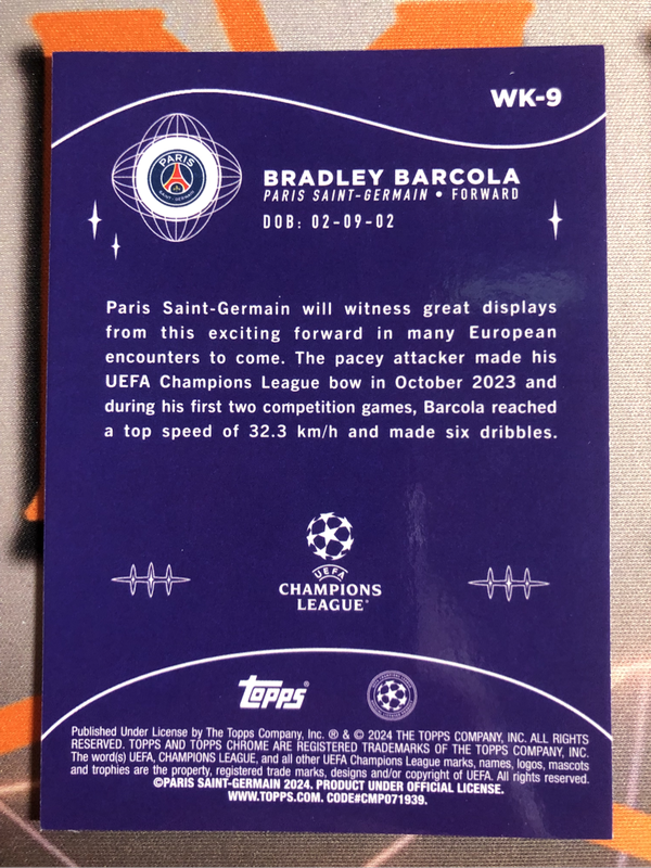 Bradley Barcola Refractor WONDERKIDS Topps Chrome Soccer trading card