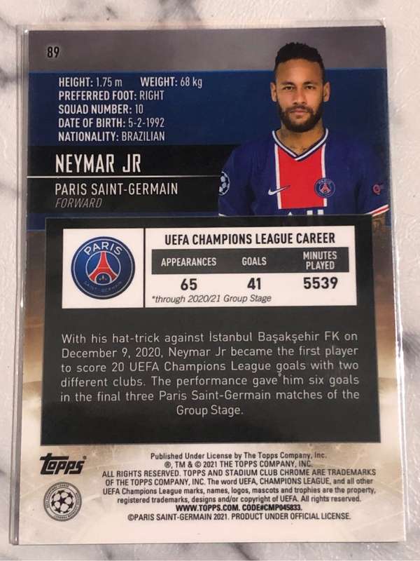 Neymar Jnr TOPPS Stadium club chrome 2021 Soccer trading card