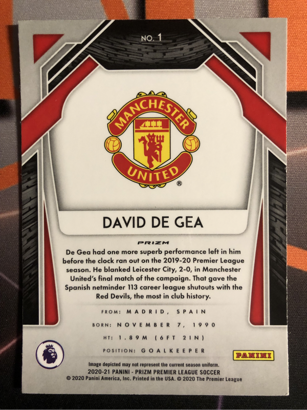 David De Gea PURPLE Breakaway Prizm 2020 soccer trading card
