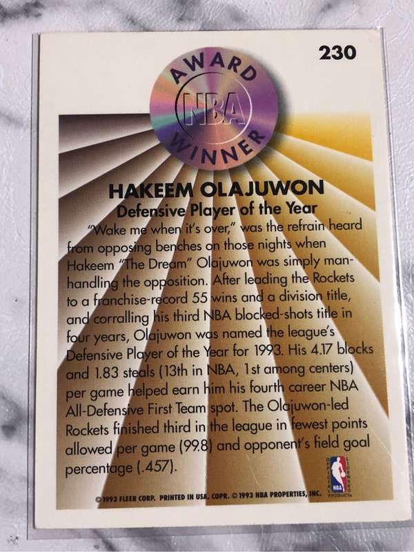 Hakeem Olajuwon Fleer 1993-1994 NBA Award winner Basketball trading card