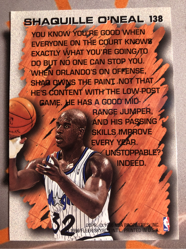 Shaquille Oneal NBA Skybox 1996 basketball trading card