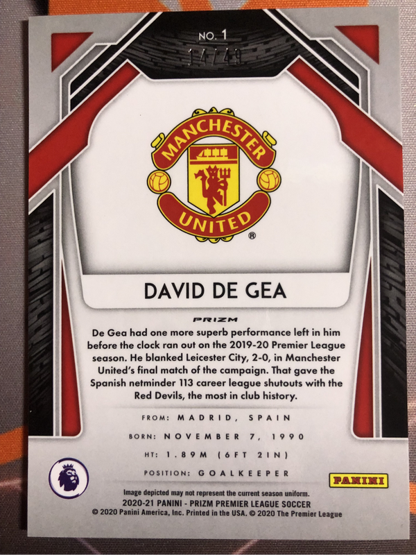 David De Gea NUMBERED out of 49 Teal Prizm 2020 Soccer trading card