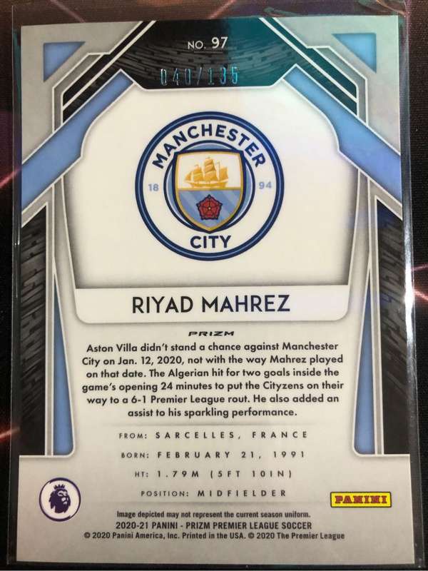Riyad Mahrez NUMBERED out of 135 PRIZM Red Mojo 2020 Soccer trading card