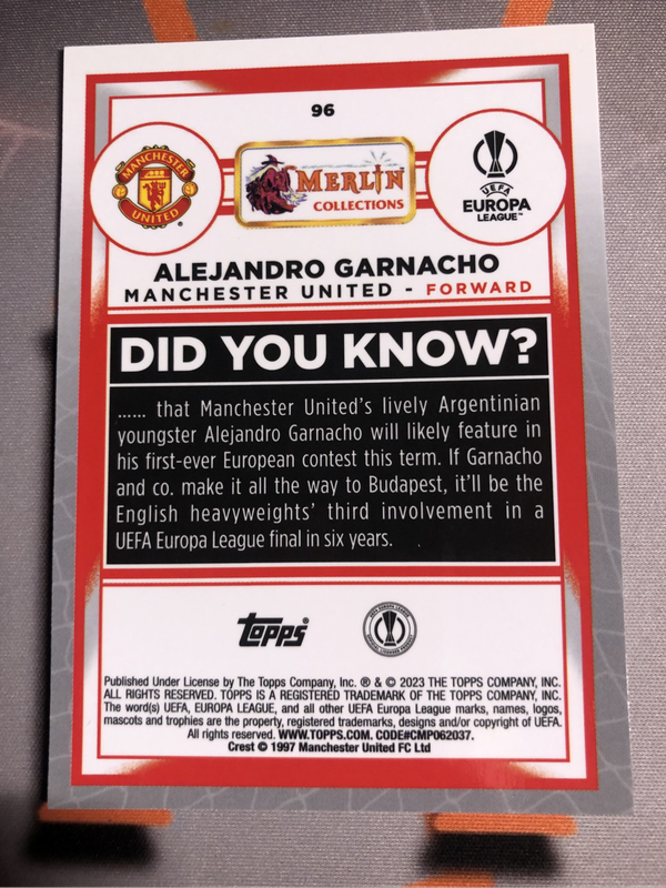 Garnacho ROOKIE Topps Merlin 2023 Soccer trading card