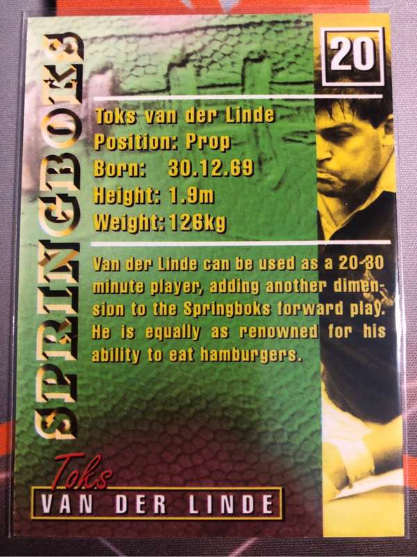 Toks Van Der Linde RARE Springbok 1997 Rugby trading card