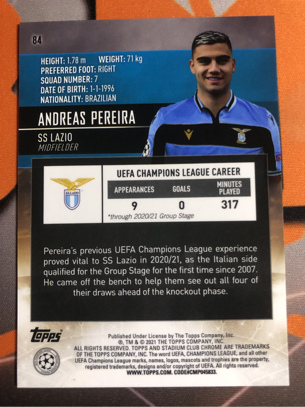 Andreas Pereira Stadium club chrome 2021 soccer trading card