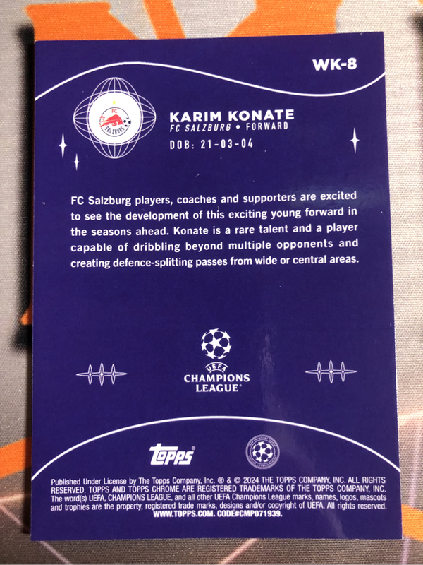 Karim Konate Refractor WONDERKIDS Topps Chrome Soccer trading card