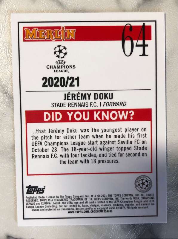Jeremy Doku ROOKIE Base Topps Merlin 2021 soccer trading card