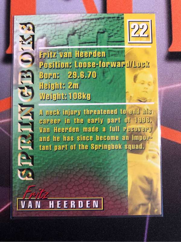 Fritz Van Heerden RARE Springbok 1997 Rugby trading card