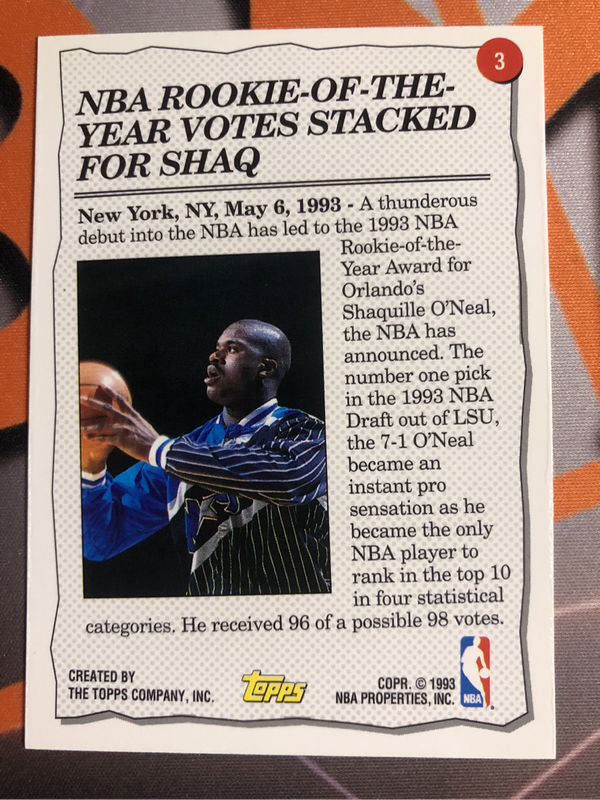 Shaquille Oneal Topps 1993 Rookie of the year NBA basketball trading card