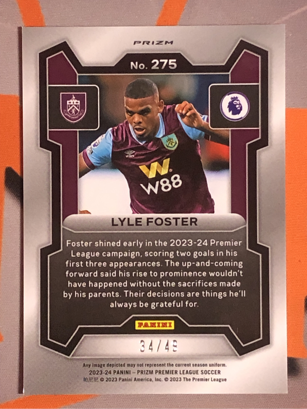 Lyle Foster NUMBERED out of 49 ROOKIE Speckle Prizm 2023 soccer trading card