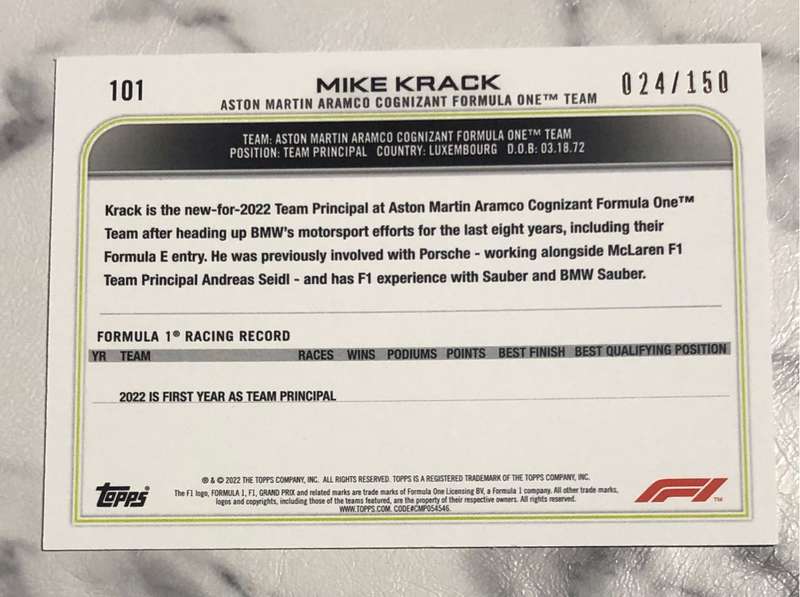 Mike Krack NUMBERED out of 150 Aston Martin team Topps 2022 F1 trading card