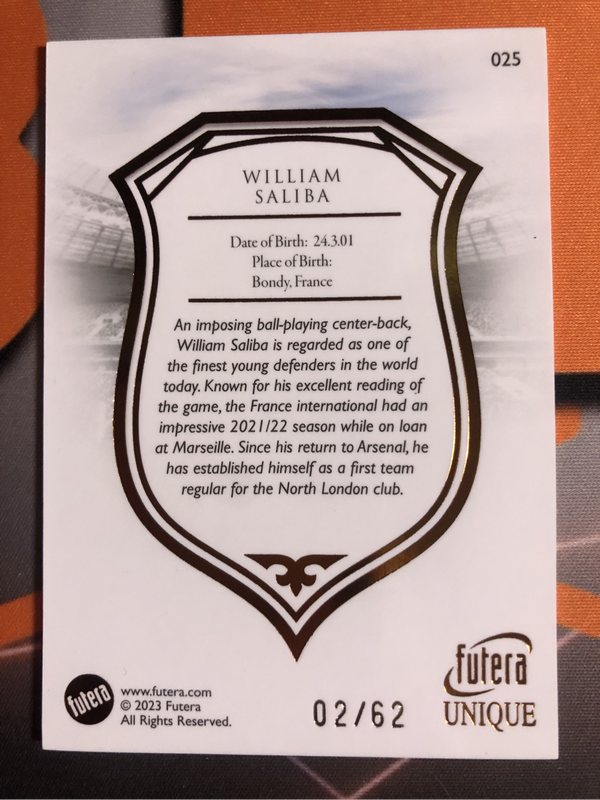 William Saliba Numbered out of 62 FUTERA High end soccer trading card