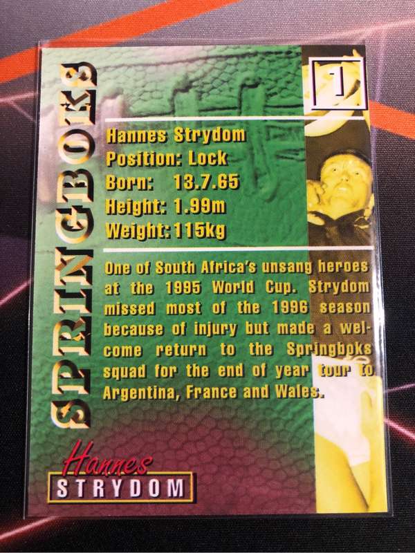 Hannes Strydom RARE Springbok 1997 Rugby trading card