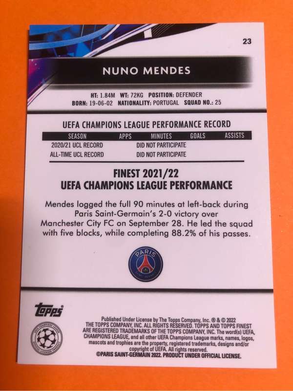 Nuno Mendes ROOKIE Topps Finest 2022 Soccer trading card