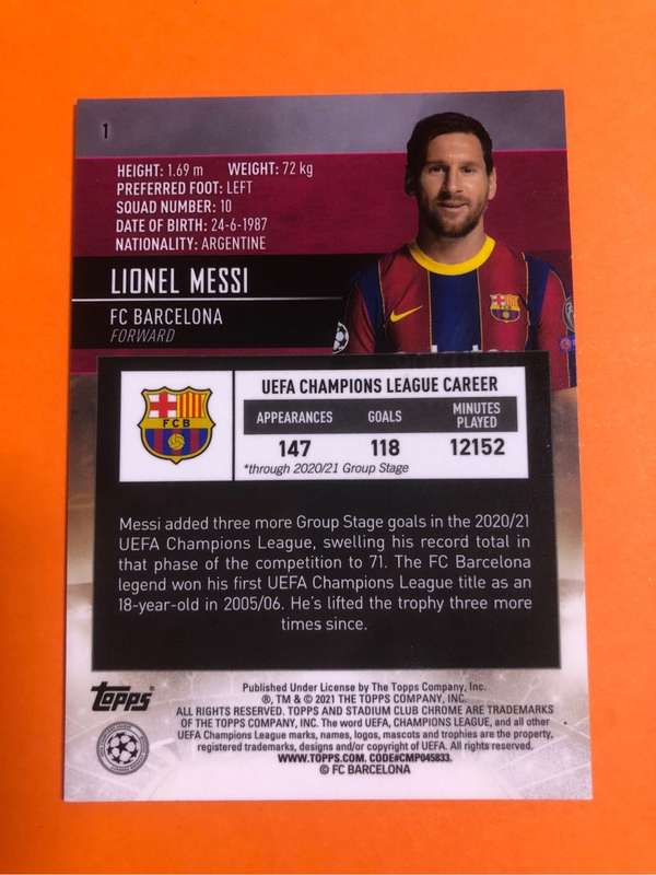 Lionel Messi RARE 2020 Topps Chrome Stadium club Soccer trading card