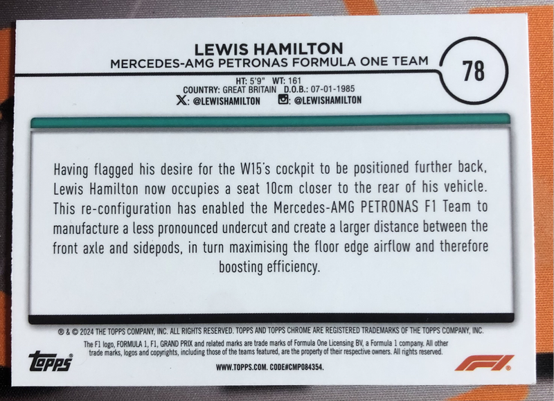 Lewis Hamilton RARE Formula One 2024 F1 Topps Chrome trading card