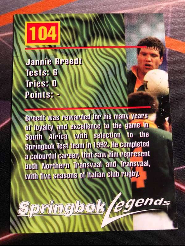 Jannie Breedt Springbok Legends 1997 Rugby trading card
