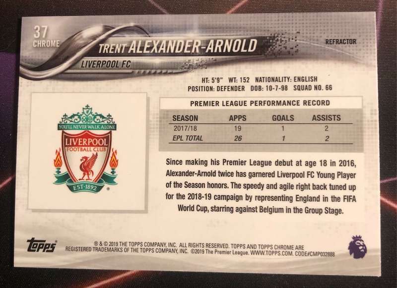 Trent Alexander Arnold Very Rare REFRACTOR 2019 Epl Topps Chrome Soccer trading card