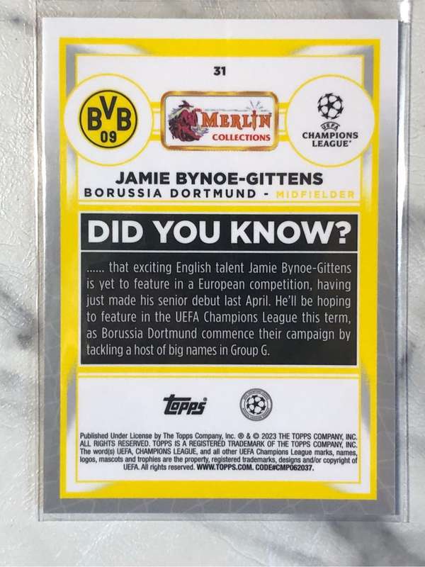 Jamie Bynoe-Gittens ROOKIE NUMBERED out of 299 Topps Merlin 2023 soccer trading card