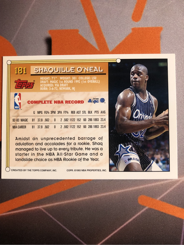 Shaquille Oneal NBA Topps 1993 basketball trading card