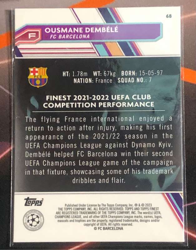 Ousmane Dembele Topps Finest 2023 Soccer trading card