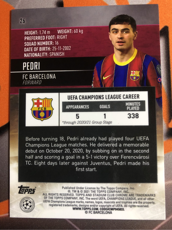 Pedri ROOKIE 2020 Topps soccer trading card