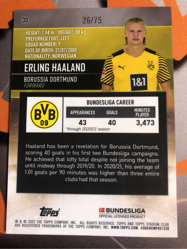 Erling Haaland Numbered out of 75 Topps 2022 Soccer trading card