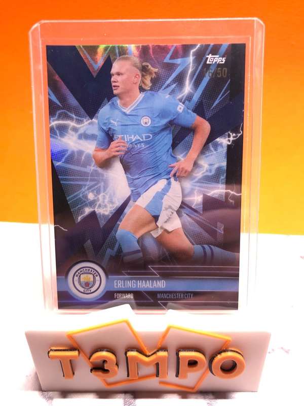 Erling Haaland numbered OUT OF 50 Electric Blue Topps 2024 Manchester City team set soccer card
