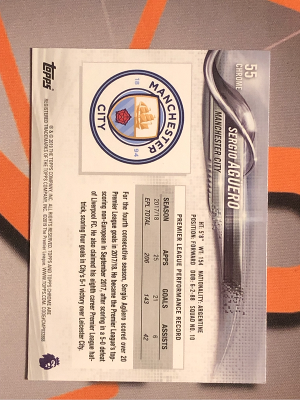 Sergio Aguero EPL Topps Chrome 2019 soccer trading card