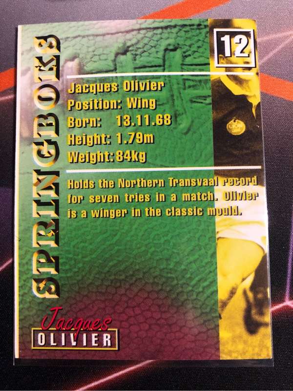 Jaques Oliver RARE Springbok 1997 Rugby trading card