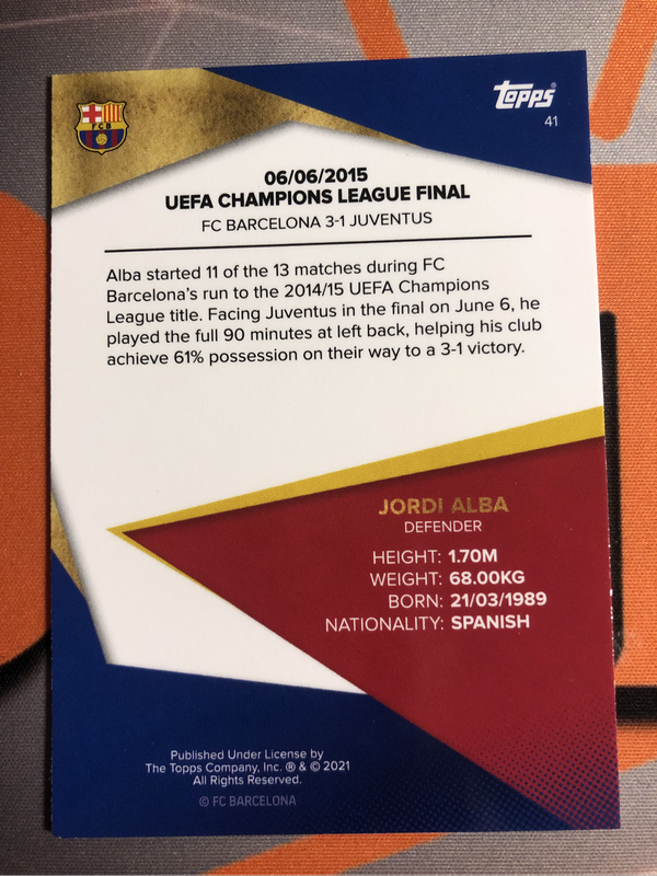 Jordi Alba Iconic Moments Topps 2021 Soccer trading card 