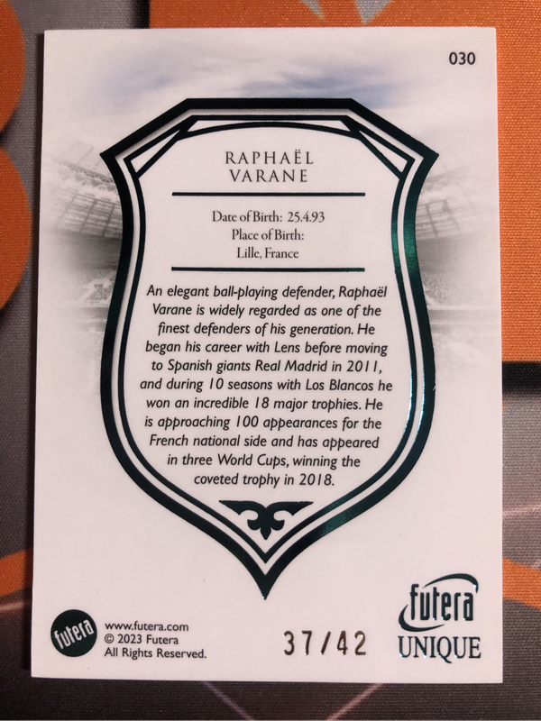 Raphael Varane Numbered out of 42 High-end FUTERA 2023 soccer trading card